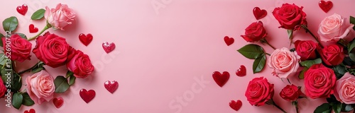 Elegant Bouquet of Red and Pink Roses With Heart Shapes on Pastel Pink Backgr...