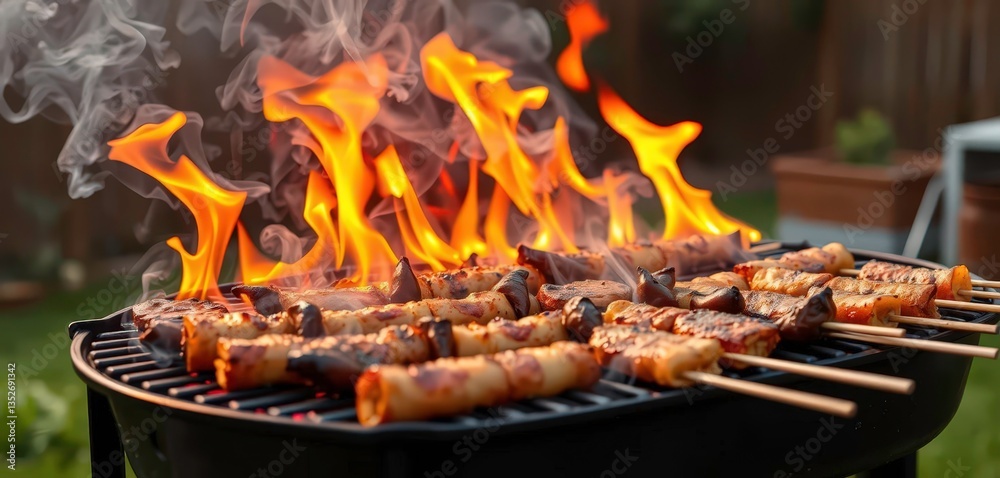 Grilled food, smoke, flames, backyard setting, summer, fire Grilled food, smoke, flames, backyard setting, summer, fire