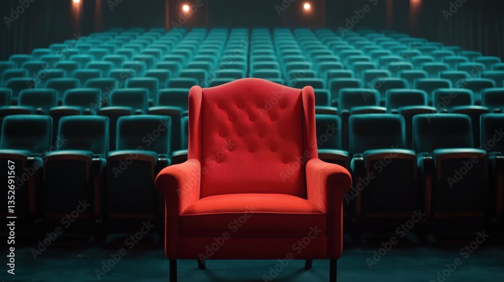 Obraz premium A vibrant red armchair in the center of an empty theater with teal seats.