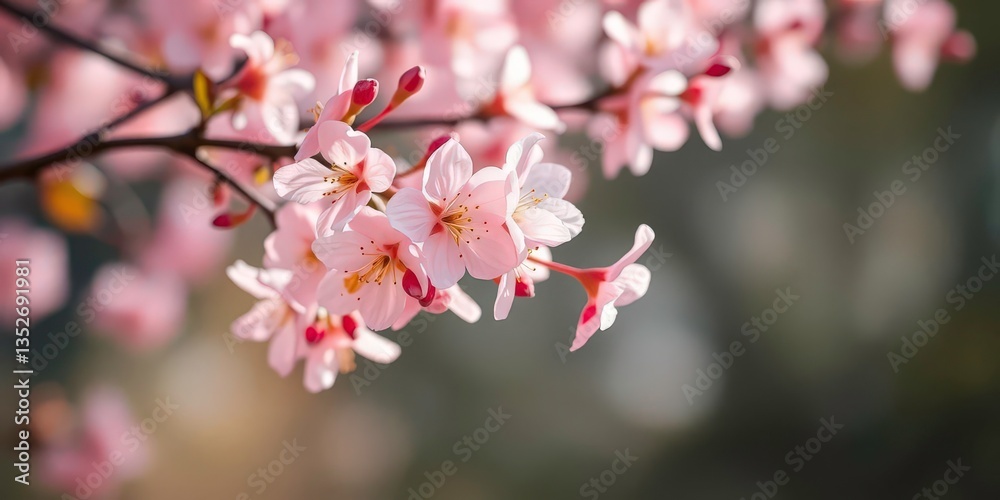 Delicate pink sakura blossoms on a branch, soft spring light, blossom, springtime Delicate pink sakura blossoms on a branch, soft spring light, blossom, springtime