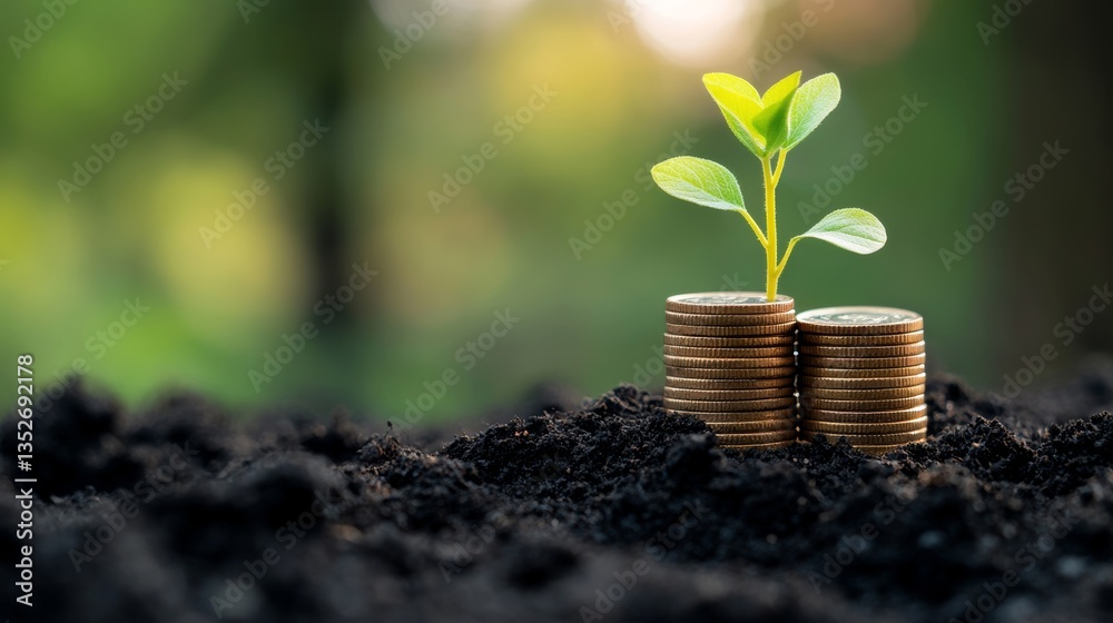 Concept of financial growth and business coins stacked with a growing plant on a black soil background. Concept of financial growth and business coins stacked with a growing plant on a black soil background.