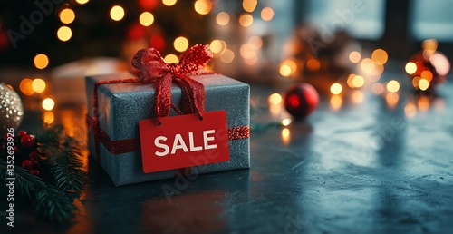 Holiday Gift Package With Sale Tag and Festive Decorations on Display for the...