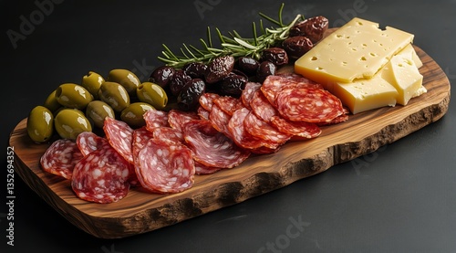 Variety of Cheeses, Cured Meats, and Olives Arranged on a Wooden Platter for ...