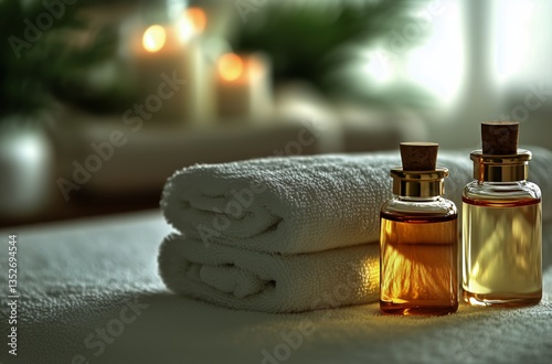 Relaxing Spa Setup With Essential Oils and Towels in a Calming Atmosphere