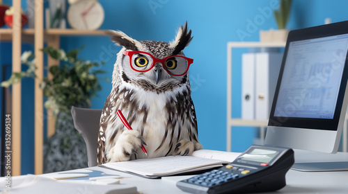 A charming owl with big expressive eyes and red glasses is working late at night in a dimly lit office.