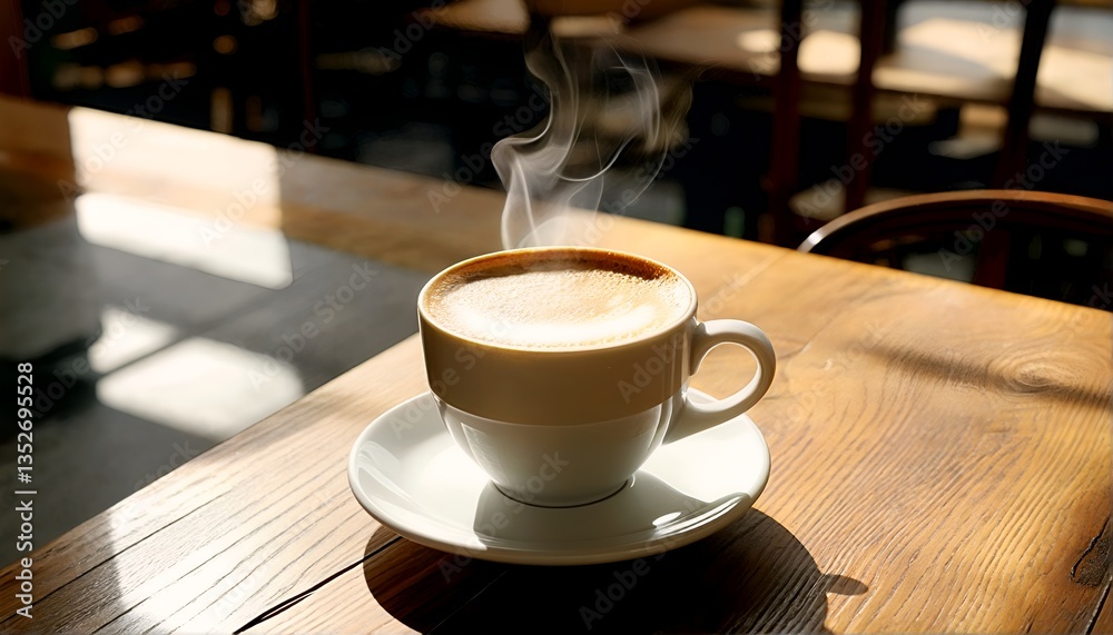 Fototapeta premium a steaming cup of coffee on a wooden table in a dimly lit room.