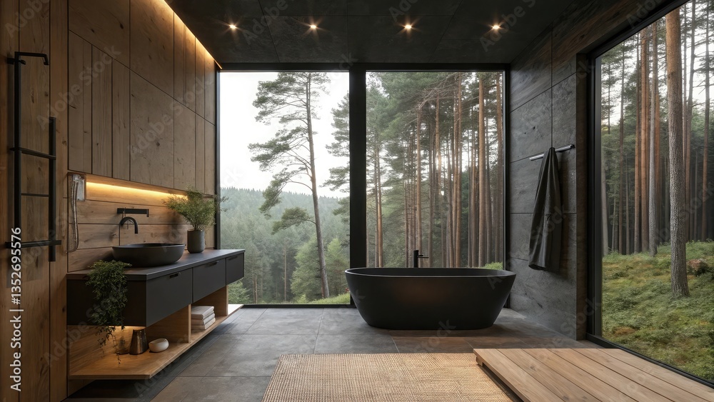 Naklejka premium A simple yet elegant dark bathroom with a matte black tub, wooden textures, and warm recessed lighting. A panoramic window opens up to a serene forest view, enhancing the natural feel.