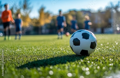 Distant view of a youth soccer team during a training session on the field.
