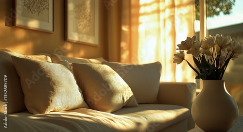 Bright Morning Light Illuminating a Cozy Living Room With a Floral Arrangement