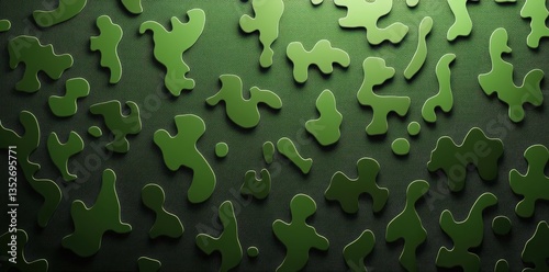 Green organic blob shapes scattered across a textured background surface