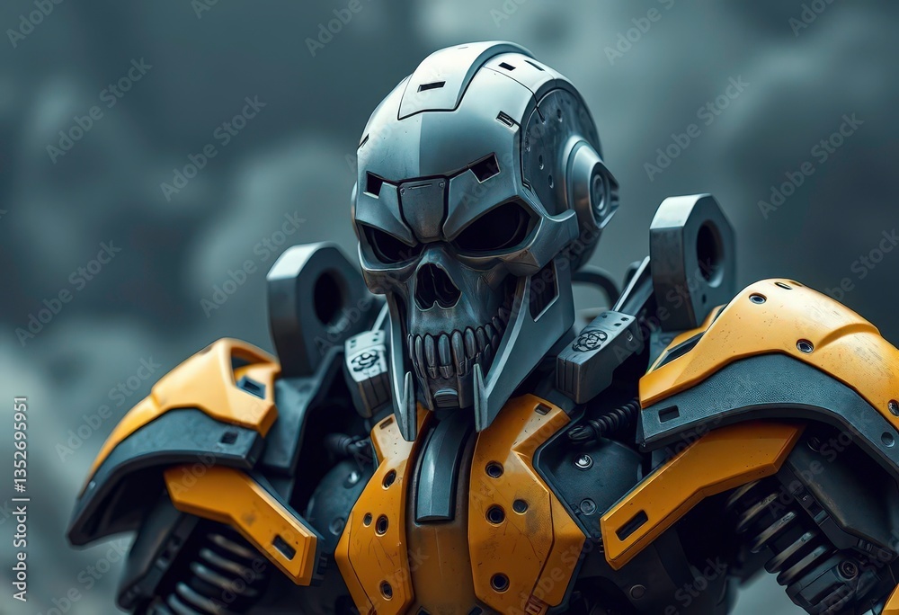 Fototapeta premium Iron skull-headed robot in gray-yellow armor stands imposingly, destruction, robot