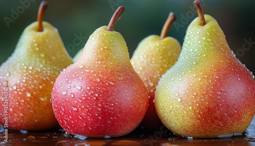 Colorful Pears With Water Droplets Arranged on Dark Surface