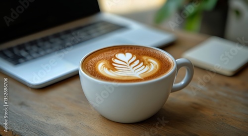 Latte Art on Coffee Enhances Cozy Workspace Aesthetics in a Warm Setting