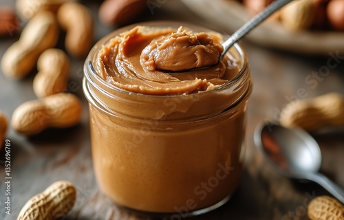 Peanut Butter in a Glass Jar Surrounded by Whole Peanuts and a Spoon on a Woo...