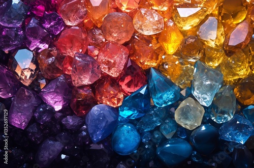 Colorful Display of Sparkling Gemstones in a Vibrant Arrangement Under Bright...