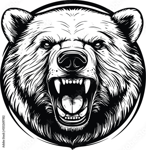 Roaring Angry Bear Head in Black and White Grunge Style Circular Artwork for Powerful Design