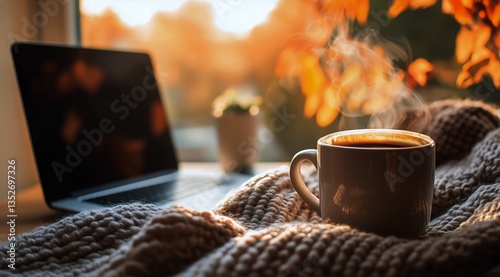 Cozy Morning With Steaming Coffee and Laptop by the Window at Sunrise