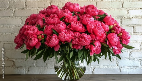 Bright Pink Peonies in a Glass Vase on a Rustic Wooden Table Against a Brick ...