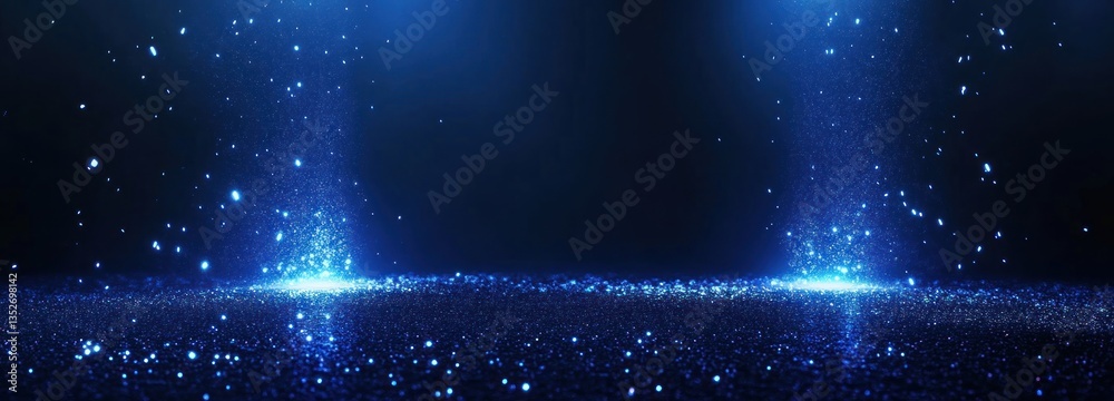 Obraz premium Blue glitter sparkles on dark background with light beams.