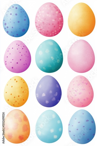A set of 12 eggs with different colors and patterns. The eggs are all different sizes and shapes, and they are all painted with dots and other patterns. The eggs are arranged in a grid