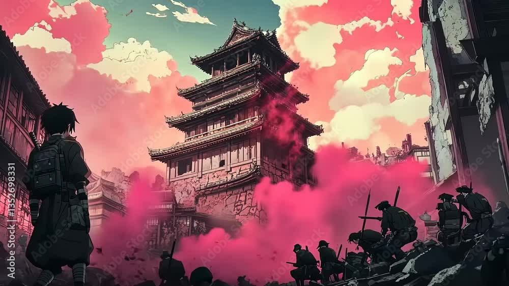 Crimson Siege: A lone samurai witnesses the fiery destruction of a Japanese castle amidst a chaotic battle.