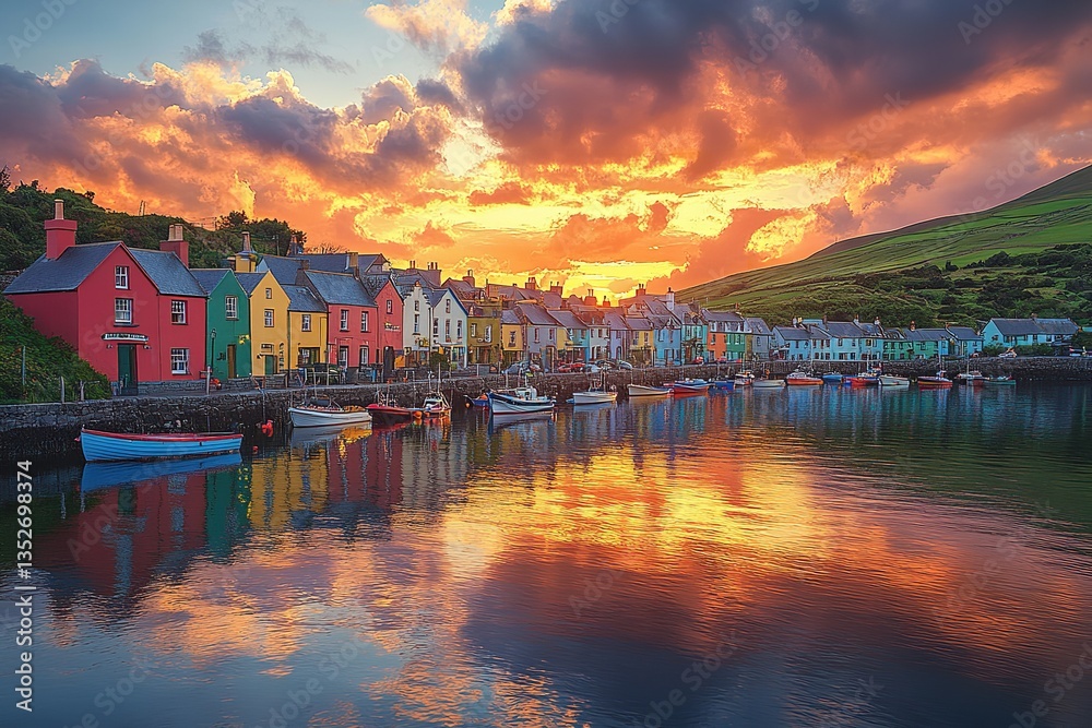 Fototapeta premium Vibrant Sunset Over Dunlewis, Ireland, with Colorful Clouds, Charming Architecture & Harbor Boats