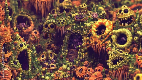 A complex surreal landscape comprised of various organic monstrous elements