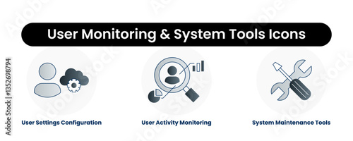 User Monitoring & System Tools Icons. User Settings Configuration, System Maintenance Tools, User Activity Monitoring.