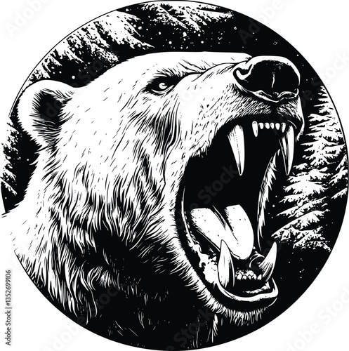 Black and White Grunge Style Circular Artistic Illustration of an Angry Bear with Bold Textures and Raw Emotions