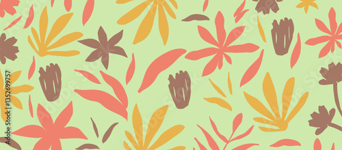 Cute botanical shapes pattern, random cutouts of tropical leaves and flowers, decorative abstract art vector illustration