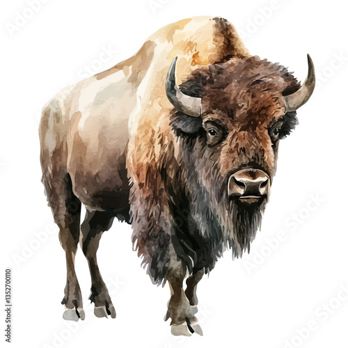 A watercolor vector painting of a bison, isolated on a white background. Bison vector.

