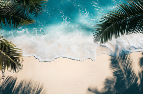 Fototapeta Naklejka Na Ścianę i Meble -  A top view of beige sand with palm leaf shadows and sea waves, creating a calming summer beach atmosphere