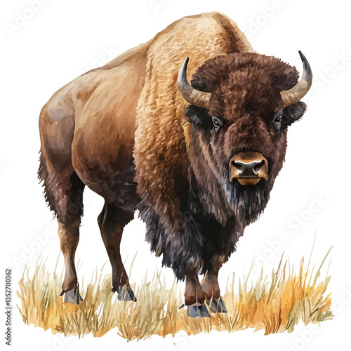 A watercolor vector painting of a bison, isolated on a white background. Bison vector.

