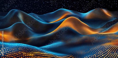 An abstract digital landscape with glowing dotted orange and blue colors
