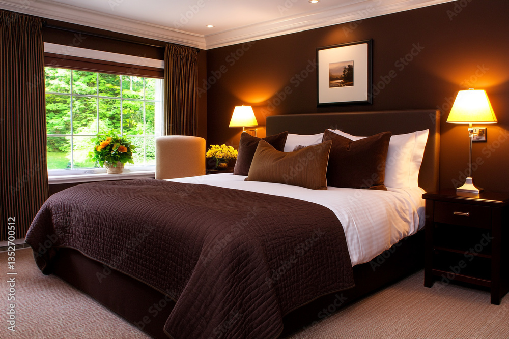 Fototapeta premium A Cozy and Inviting Bedroom Scene Featuring a Plush Brown Blanket and Soft Pillows on a Luxurious Bed, Evoking Comfort and Relaxation