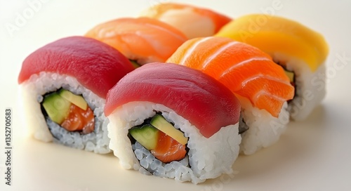 Sushi Roll With Vibrant Ingredients Showcasing Fresh Fish and Avocado on a Cl...
