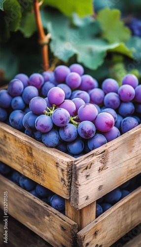 Freshly Harvested Grapes in a Wooden Crate Surrounded by Vineyards in Late Su...