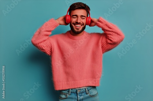 Young Man Enjoying Music in a Cheerful Manner While Wearing Bright Headphones