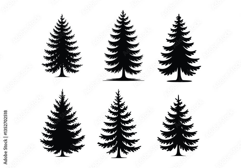 Fototapeta premium Set of pine tree silhouette vectors in different styles for nature, forest, and outdoor designs