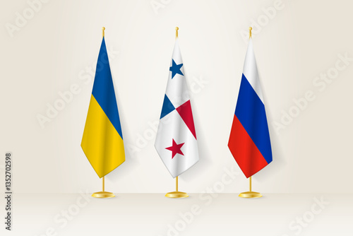 Diplomatic Meeting Representation, Ukraine, Panama and Russia Flags. Flags on Diplomatic Stands.