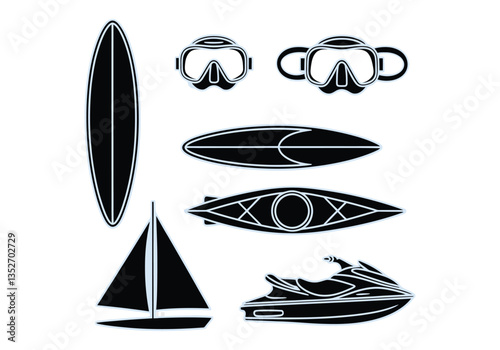 Water sports equipment silhouette vector set with surfboards, kayak, jet ski, goggles, and sailboat