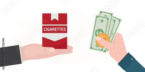 Hand of seller gives pack of cigarettes, hand of smoker consumer pays for purchase in cash. Tobacco business, retail, shopping concept. Bad habit, nicotine addiction.