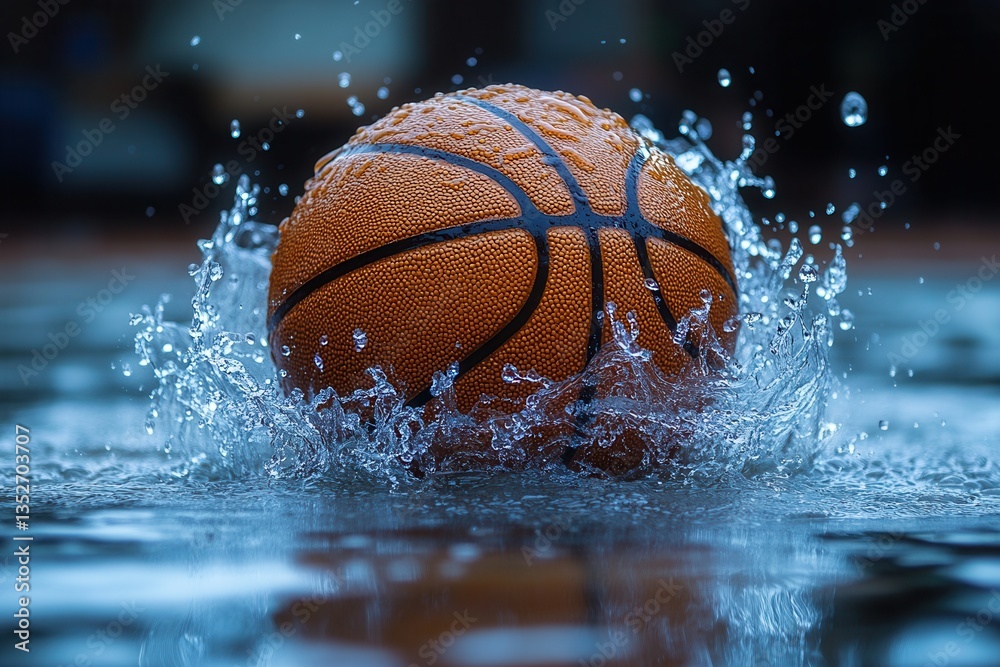 Basketball splashes into a puddle creating ripples on a rainy day in an urban basketball court