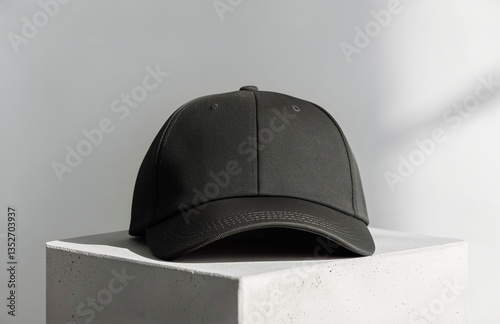 Black Cap Displayed on a Concrete Pedestal Against a Light Background in a Mo...