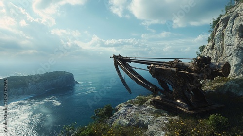 Ancient Ballista Overlooking a Tranquil Ocean Landscape with Dramatic Cliffs