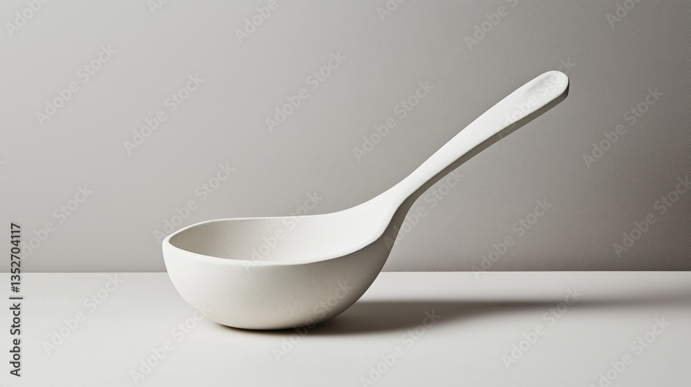 White ceramic ladle with a long handle. the ladle is empty and is placed on a plain white surface. the handle is slightly curved and the bowl is round and smooth. the background is a plain grey color. White ceramic ladle with a long handle. the ladle is empty and is placed on a plain white surface. the handle is slightly curved and the bowl is round and smooth. the background is a plain grey color.