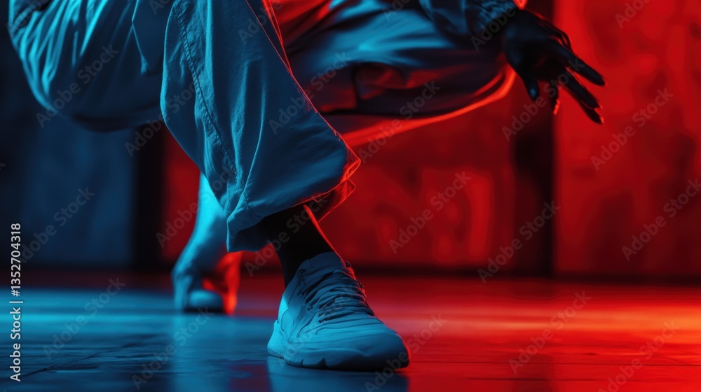 Fototapeta premium A person is performing a dance move with red and blue lighting