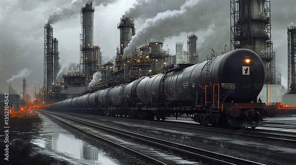 Naklejka premium Industrial landscape featuring a long train and factory with smoking chimneys