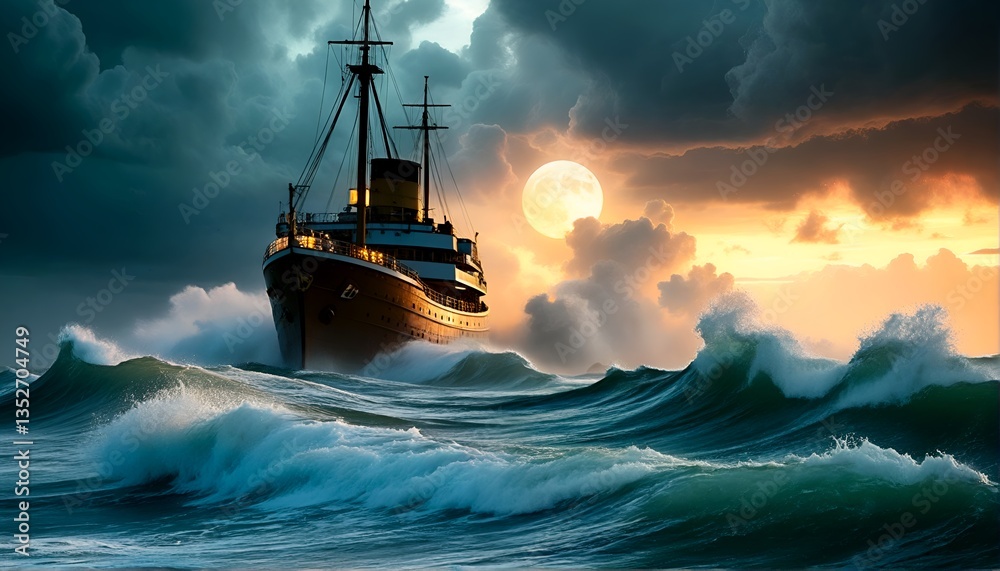 Obraz premium A ship sailing through rough seas at night and another ship sailing during sunset.