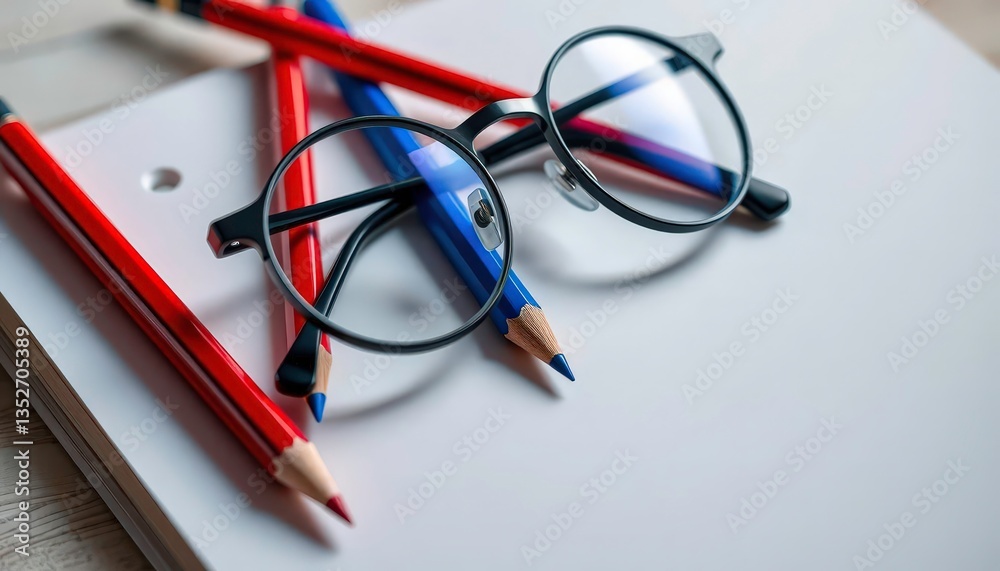 Fototapeta premium Red & blue mechanical pencils, round glasses atop notebook, background, workplace